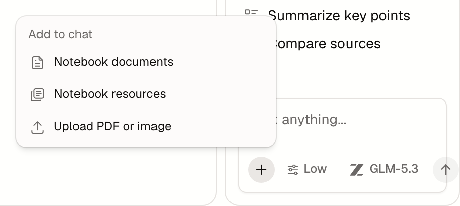 The Add context menu: Notebook documents, Notebook resources, Upload PDF or image