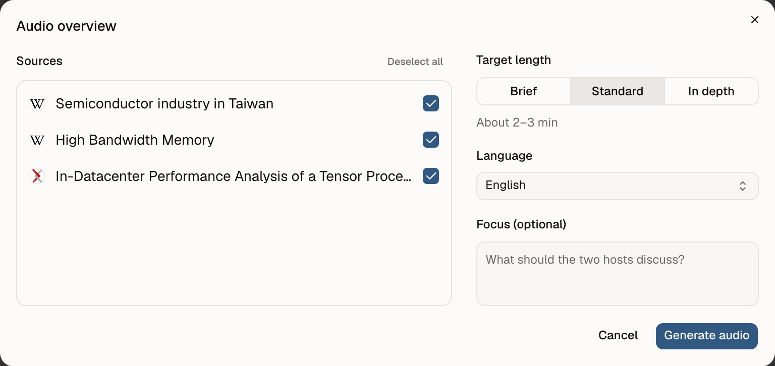 Audio overview settings: sources, target length, language, and focus